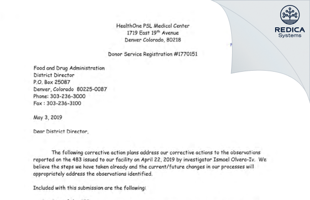 FDA 483 Response - HealthOne Presbyterian/St. Luke's Medical Center [Denver / United States of America] - Download PDF - Redica Systems