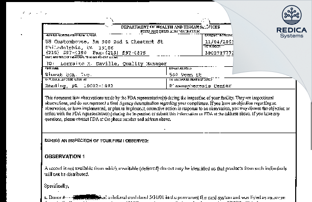 FDA 483 - Grifols Biomat [Reading / United States of America] - Download PDF - Redica Systems