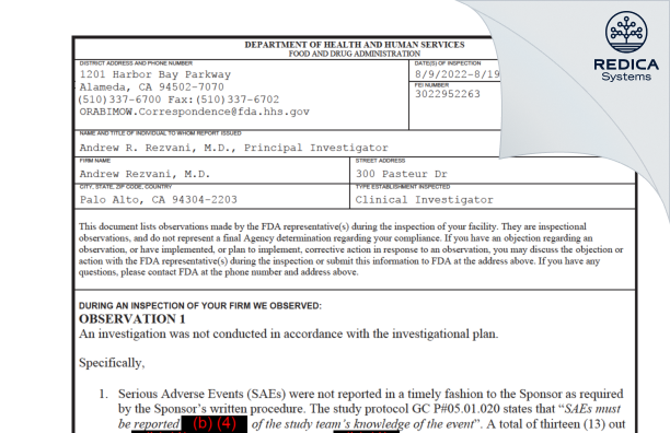 FDA 483 - Andrew Rezvani, M.D. [Palo Alto / United States of America] - Download PDF - Redica Systems