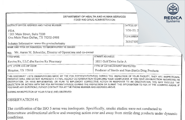 FDA 483 - Revive Rx LLC dba Revive Rx Pharmacy [Houston / United States of America] - Download PDF - Redica Systems