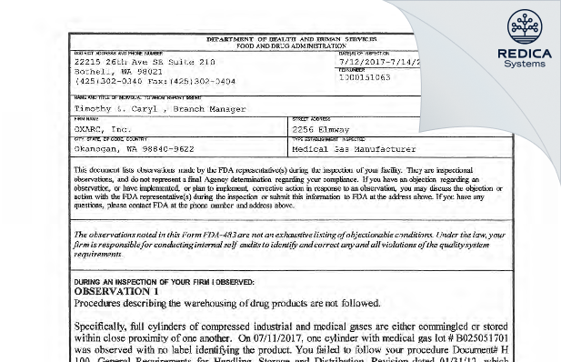 FDA 483 - Oxarc, LLC [Okanogan / United States of America] - Download PDF - Redica Systems