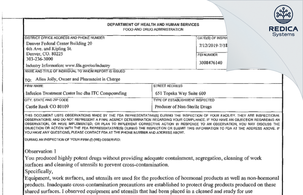 FDA 483 - Itc Compounding [Castle Rock / United States of America] - Download PDF - Redica Systems