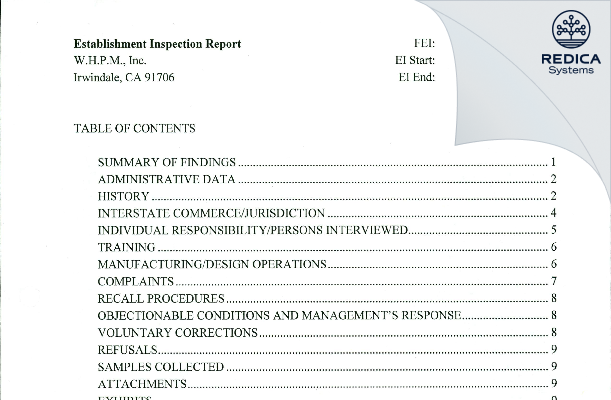 EIR - WHPM Inc. [Irwindale / United States of America] - Download PDF - Redica Systems