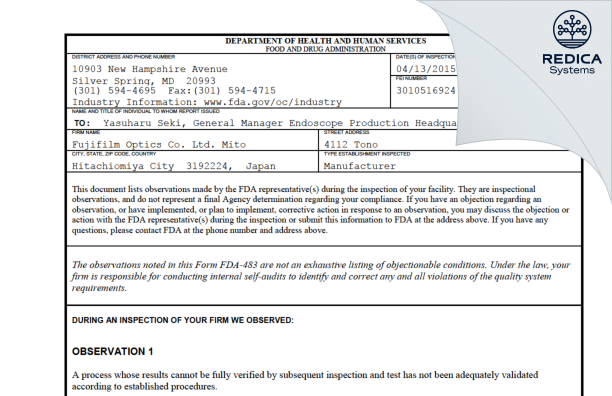 FDA 483 - Fujifilm Optics Co. Ltd. Mito [Hitachiomiya / Japan] - Download PDF - Redica Systems
