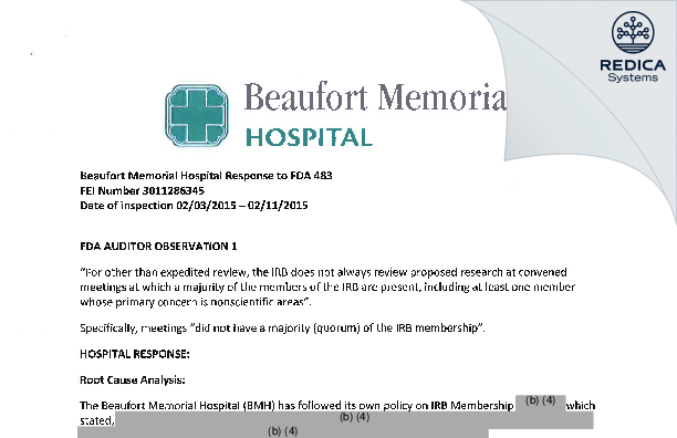 FDA 483 Response - Beaufort Memorial Hospital IRB [Beaufort / United States of America] - Download PDF - Redica Systems