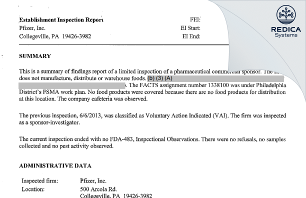 EIR - Pfizer, Inc. [Collegeville / United States of America] - Download PDF - Redica Systems