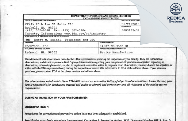 FDA 483 - Spentech, Inc. [Redmond / United States of America] - Download PDF - Redica Systems
