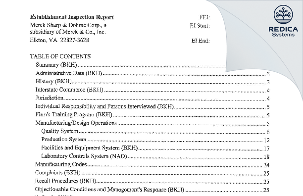 EIR - Merck Sharp & Dohme LLC [Elkton / United States of America] - Download PDF - Redica Systems