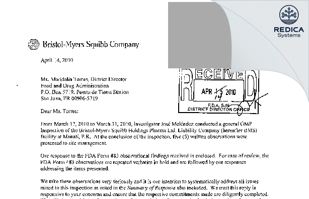 FDA 483 Response - Bristol-Myers Squibb Holdings Pharma, Ltd. Liability Company [Rico / United States of America] - Download PDF - Redica Systems