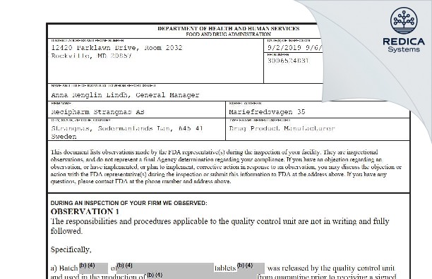 FDA 483 - Recipharm Strängnäs AB [Strängnäs / Sweden] - Download PDF - Redica Systems