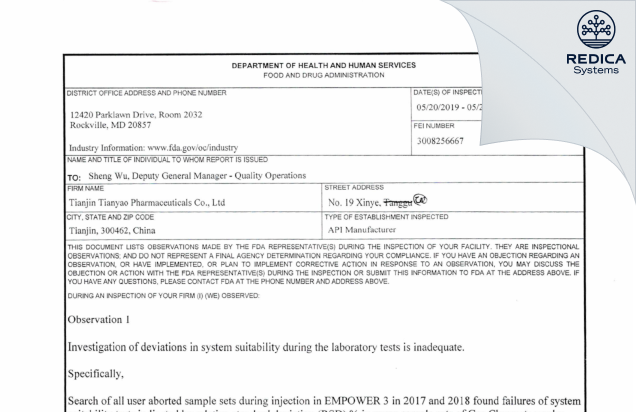 FDA 483 - Tianjin Tianyao Pharmaceuticals Co.,Ltd. [300462 China / China] - Download PDF - Redica Systems