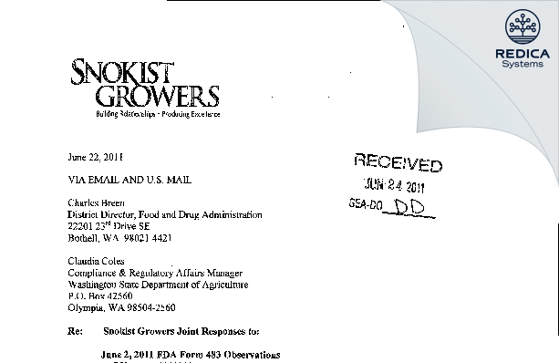 FDA 483 Response - Snokist Growers [Yakima / United States of America] - Download PDF - Redica Systems