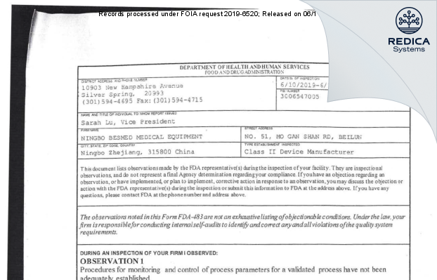 FDA 483 - NINGBO BESMED MEDICAL EQUIPMENT [Ningbo / China] - Download PDF - Redica Systems
