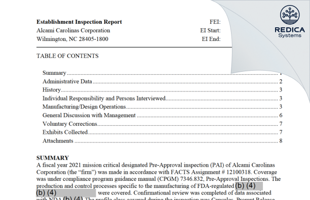 EIR - Alcami Carolinas Corporation [Wilmington / United States of America] - Download PDF - Redica Systems