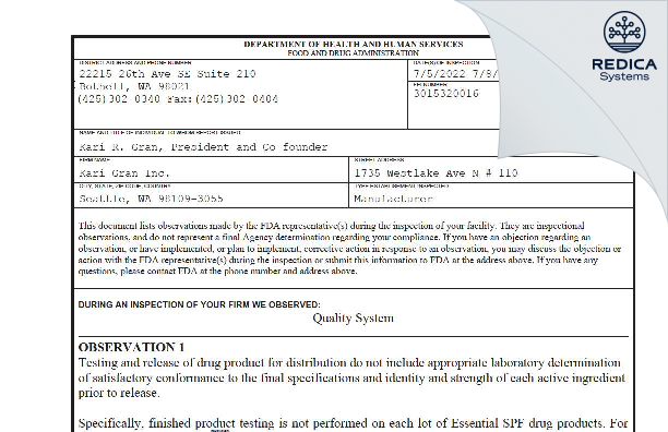 FDA 483 - KARI GRAN [Seattle / United States of America] - Download PDF - Redica Systems