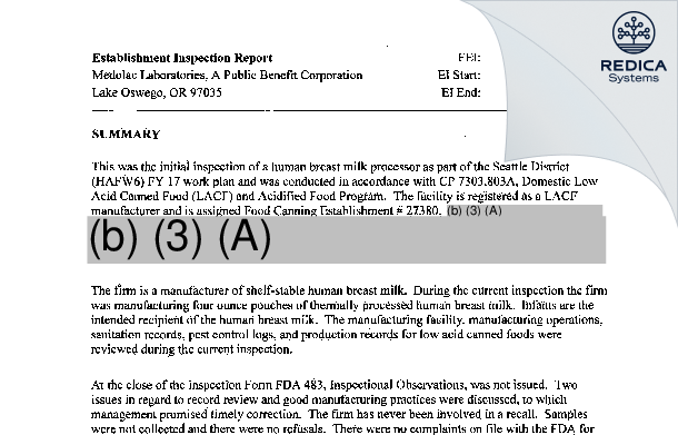 EIR - Medolac Laboratories, A Public Benefit Corporation [Lake Oswego / United States of America] - Download PDF - Redica Systems