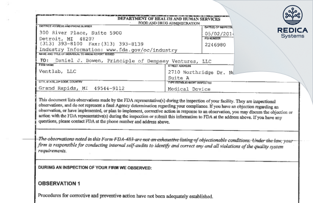 FDA 483 - Ventlab LLC [Grand Rapids / United States of America] - Download PDF - Redica Systems
