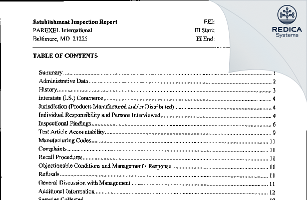EIR - PAREXEL INTERNATIONAL CORPORATION [Baltimore / United States of America] - Download PDF - Redica Systems