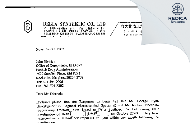 FDA 483 Response - Delta Synthetic Co. Ltd. [New Taipei City / Taiwan] - Download PDF - Redica Systems