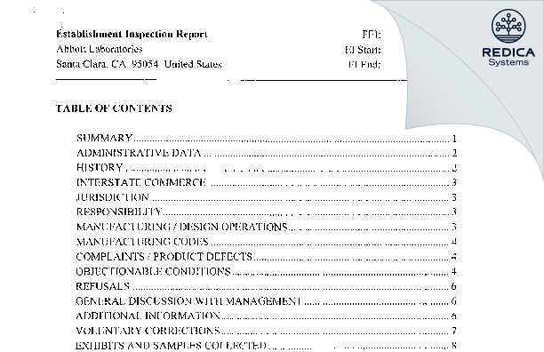 EIR - Abbott Laboratories [Santa Clara / United States of America] - Download PDF - Redica Systems
