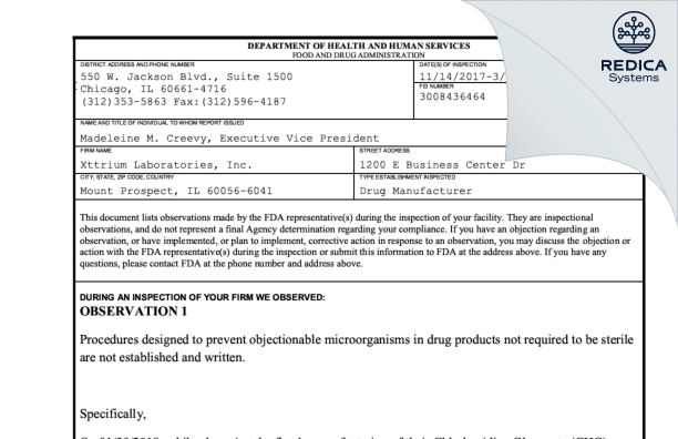 FDA 483 - Xttrium Laboratories, Inc. [Mount Prospect / United States of America] - Download PDF - Redica Systems
