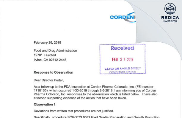 FDA 483 Response - Corden Pharma Colorado, Inc. [Boulder / United States of America] - Download PDF - Redica Systems