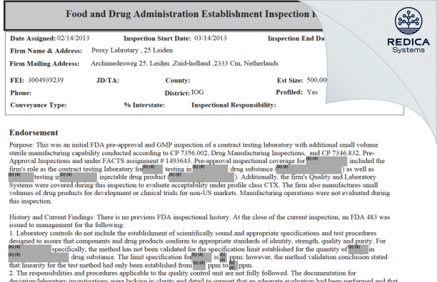 FDA 483 - Eurofins PROXY Laboratories B.V. [Leiden / Netherlands] - Download PDF - Redica Systems
