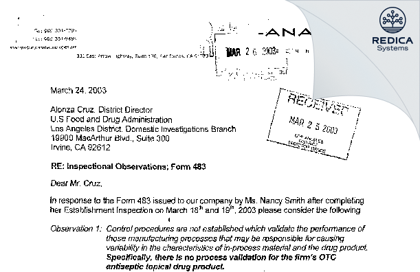 FDA 483 Response - Anacapa Technologies, Inc [San Dimas California / United States of America] - Download PDF - Redica Systems