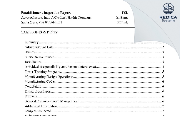 EIR - AccessClosure, Inc., A Cardinal Health Company [Santa Clara / United States of America] - Download PDF - Redica Systems