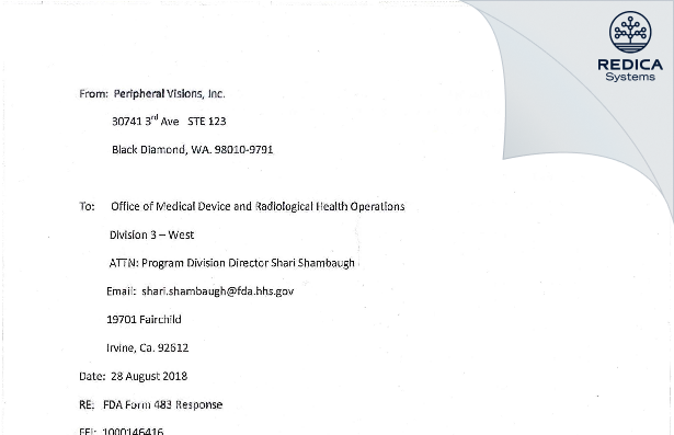 FDA 483 Response - Peripheral Visions, Inc. [Black Diamond / United States of America] - Download PDF - Redica Systems