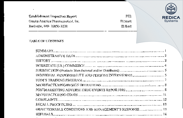 EIR - Otsuka Pharmaceutical Development & Commercialization, Inc [Rockville / United States of America] - Download PDF - Redica Systems