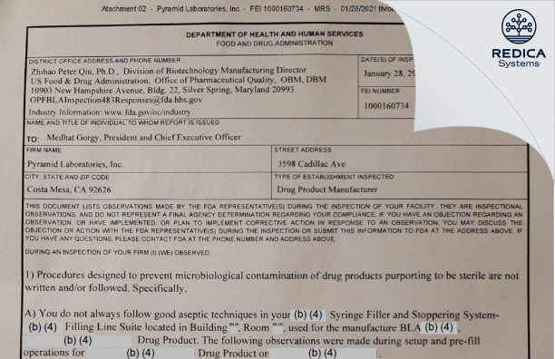 FDA 483 - PYRAMID Laboratories, Inc. [Costa Mesa California / United States of America] - Download PDF - Redica Systems