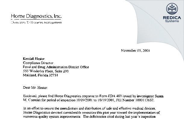 FDA 483 Response - Trividia Health, Inc. [Ft Lauderdale / United States of America] - Download PDF - Redica Systems