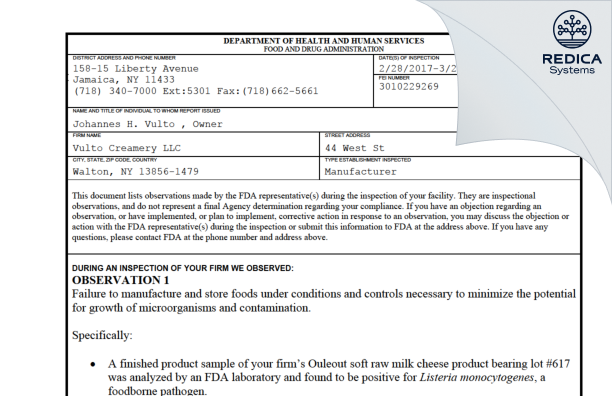 FDA 483 - Vulto Creamery [Walton / United States of America] - Download PDF - Redica Systems