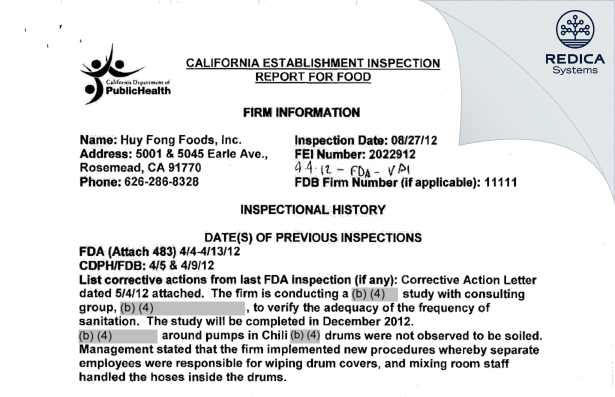 EIR - Huy Fong Foods, Inc [Irwindale / United States of America] - Download PDF - Redica Systems