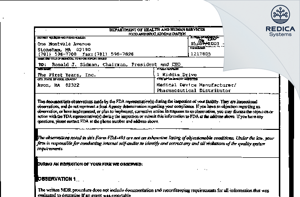 FDA 483 - Tomy International Inc. [Canton / United States of America] - Download PDF - Redica Systems