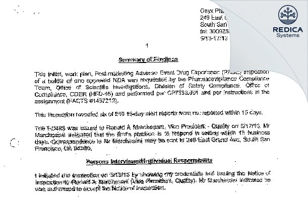 EIR - Onyx Pharmaceuticals, Inc., a Subsidiary of Amgen, Inc. [South San Francisco / United States of America] - Download PDF - Redica Systems