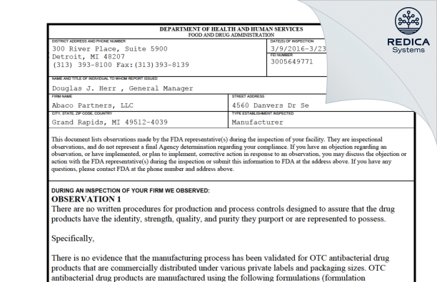 FDA 483 - Abaco Partners LLC DBA Surefil [Grand Rapids / United States of America] - Download PDF - Redica Systems
