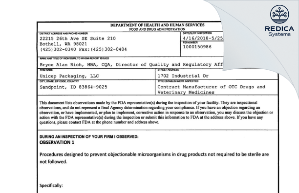 FDA 483 - Silgan Unicep Packaging, LLC. [Sandpoint / United States of America] - Download PDF - Redica Systems