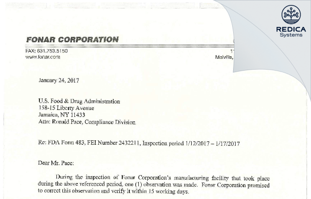 FDA 483 Response - Fonar Corporation [Melville / United States of America] - Download PDF - Redica Systems
