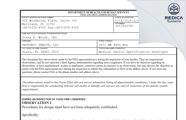 FDA 483 - Photonic Health, LLC [Ocala / United States of America] - Download PDF - Redica Systems
