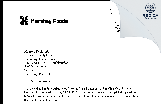 FDA 483 Response - The Hershey Co. [Hershey / United States of America] - Download PDF - Redica Systems