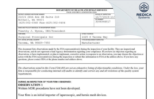 FDA 483 - Surgical Principals Inc [Tacoma / United States of America] - Download PDF - Redica Systems