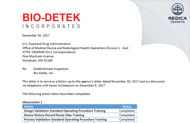 FDA 483 Response - Bio-Detek, Inc. [Pawtucket / United States of America] - Download PDF - Redica Systems