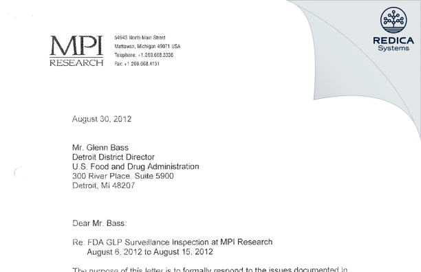 FDA 483 Response - Charles River Laboratories [Mattawan / United States of America] - Download PDF - Redica Systems