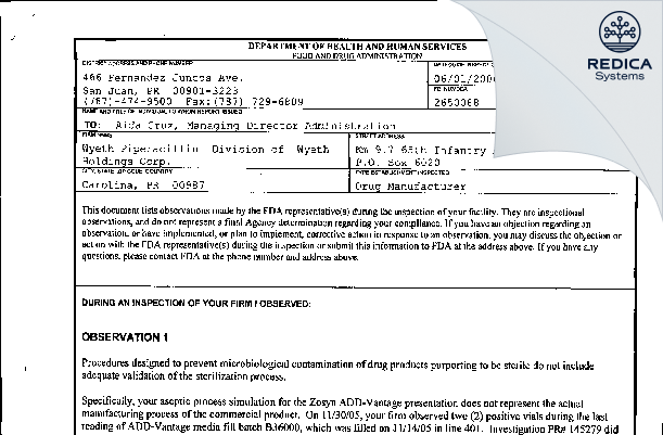 FDA 483 - Pfizer Pharmaceuticals LLC-Piperacillin [Carolina / United States of America] - Download PDF - Redica Systems