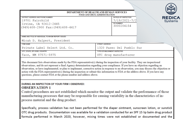 FDA 483 - Private Label Select Ltd CO [Taos / United States of America] - Download PDF - Redica Systems