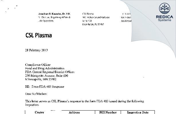 FDA 483 Response - CSL Plasma Inc. [Beloit / United States of America] - Download PDF - Redica Systems