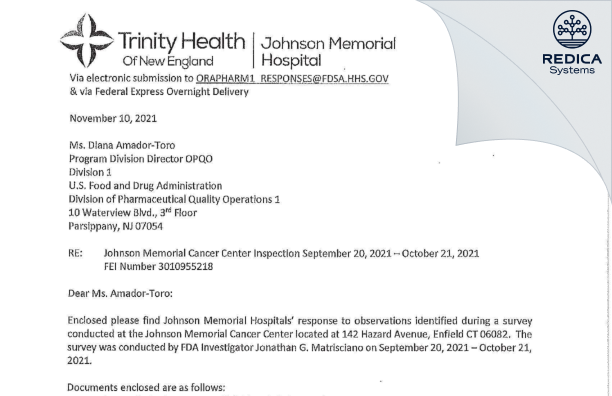 FDA 483 Response - Johnson Memorial Cancer Center [Enfield / United States of America] - Download PDF - Redica Systems