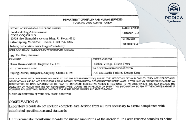 FDA 483 - Hisun Pharmaceutical (Hangzhou) Co., Ltd. [China / China] - Download PDF - Redica Systems
